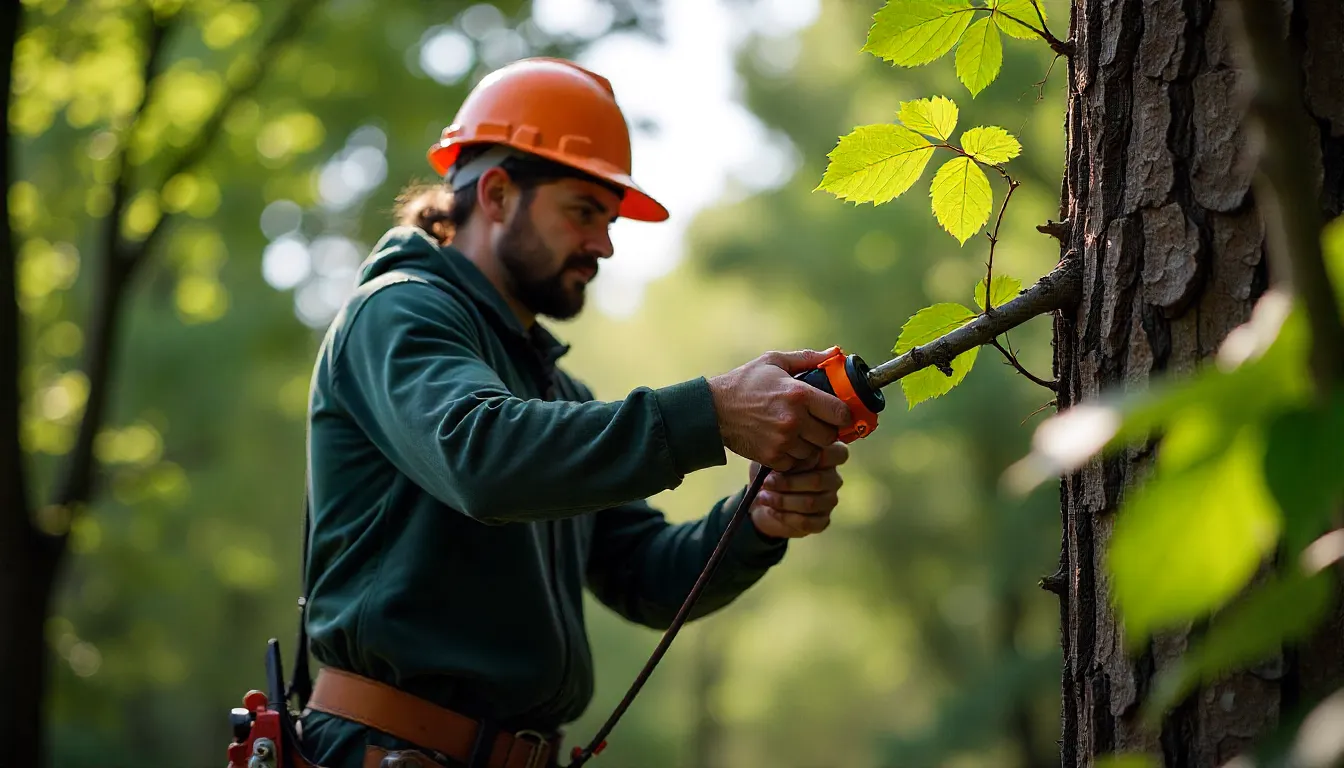 Professional tree pruning service showing careful branch trimming technique